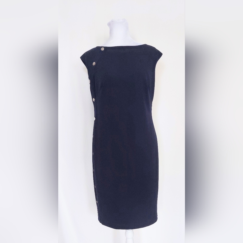 Lauren Ralph Lauren Button Trim Crepe Dress Navy Blue Size 6P Petites